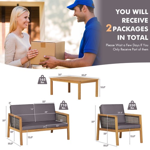 4-Piece Patio Acacia Wood Furniture Set Conversation Set w/ Cushions Grey - Picture 2 of 10