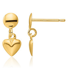 14K Solid Yellow Gold Heart Dangle Earrings