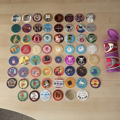 Random Mixed LOT Of 62 POGS MILK CAPS + tube 90s Skull 8 Ball REN & Stimpy Art