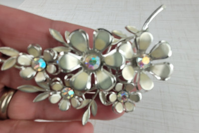 Vintage Coro Flower Spray Brooch Silver Tone Aurora Borealis Rhinestones  3''