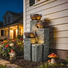 4-Tier Outdoor Fountain, Garden Fountain with LED Lights, Grey and Rustic Brown
