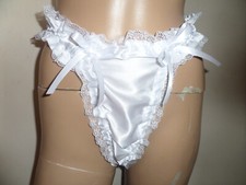 ABDL SISSY WHITE SATIN FRILLY WHITE LACE TRIM THONG KNICKERS M/L BOWS