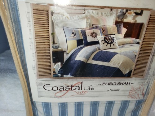 Coastal Life Luxe Sailing Nautical Euro Sham Blue Cream Stripe Ruffle Flange NWT - Picture 2 of 7