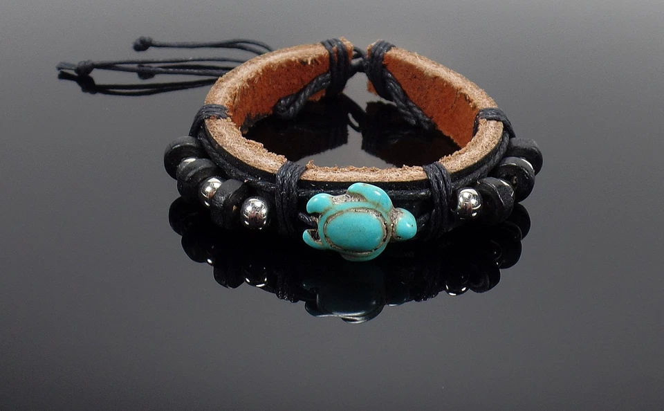 Black Turtle Bracelet - Black Leather Bracelet -Turquoise Color Turtle -Tortoise - Image 3 of 3