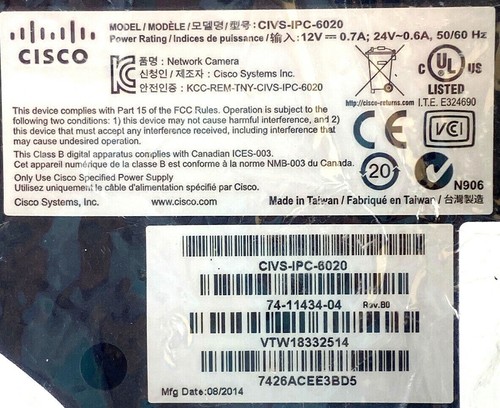 (NEW) Cisco CIVS-IPC-6020 Video Surveillance IP Camera, 74-11434-04 - Picture 8 of 8