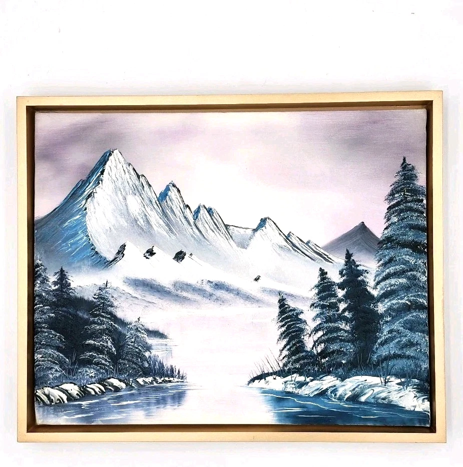 Original Oil Painting Winter Mountain Forest Landscape Bob Ross Style Framed Art - Image 2 of 4
