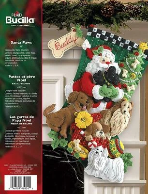 BUCILLA FELT JEWELED CHRISTMAS STOCKING KIT SANTA PAWS DOGS NEW