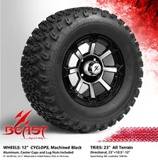 4x GOLF CART 12" MACHINED CYCLOPS WHEELS and 23"x10.5"-12" ALL-TERRIAN TIRES