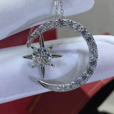 2Ct Round Lab-Created Diamond Star & Moon Pendant 14K White Gold Plated Silver