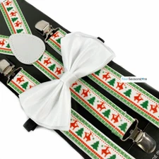 Christmas Novelty Naughty Holiday Reindeer White Bow Tie & Suspender