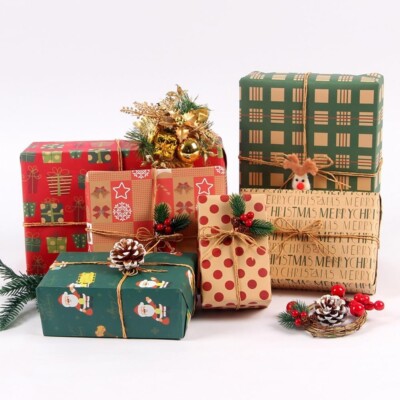 Geschenkpapier-Set Weihnachten, 12 Stück 70 x 50 cm Kraftpapier Faltblätter Recyclingpapier