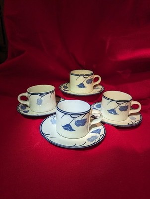 Dansk Tivoli Belles Fleurs Blue Flat Cup & Saucer Set of 4 Discontinued