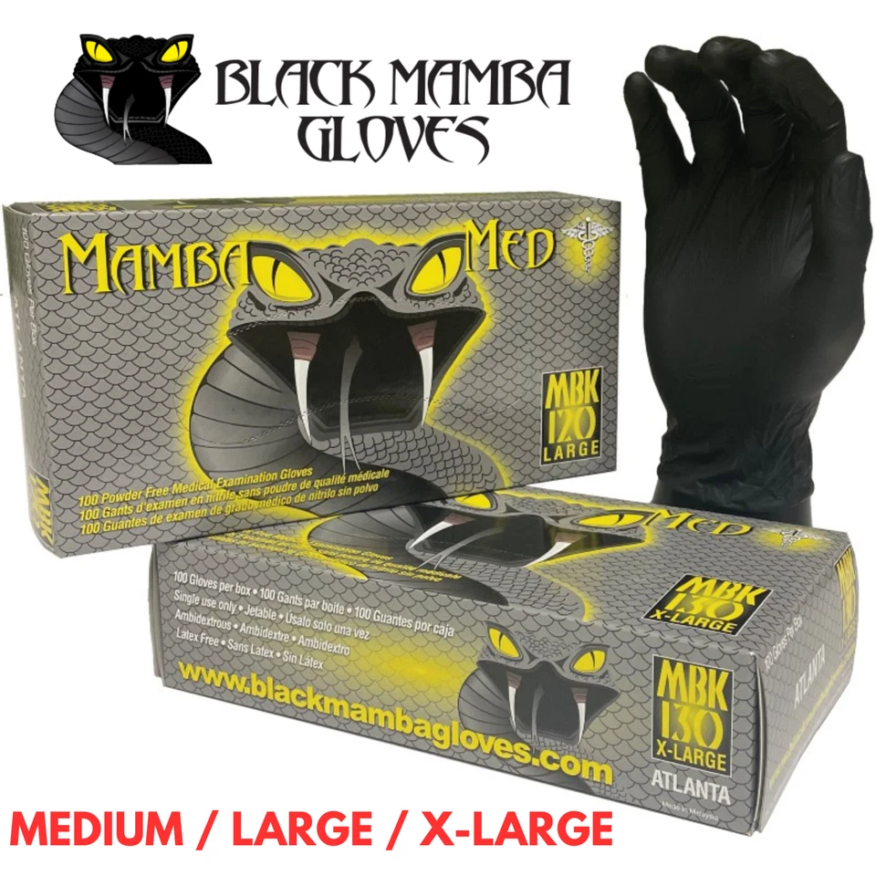 BLACK MAMBA MED BLACK NITRILE GLOVES TATTOOIST EXAMINATION WORKSHOP MED LARGE XL