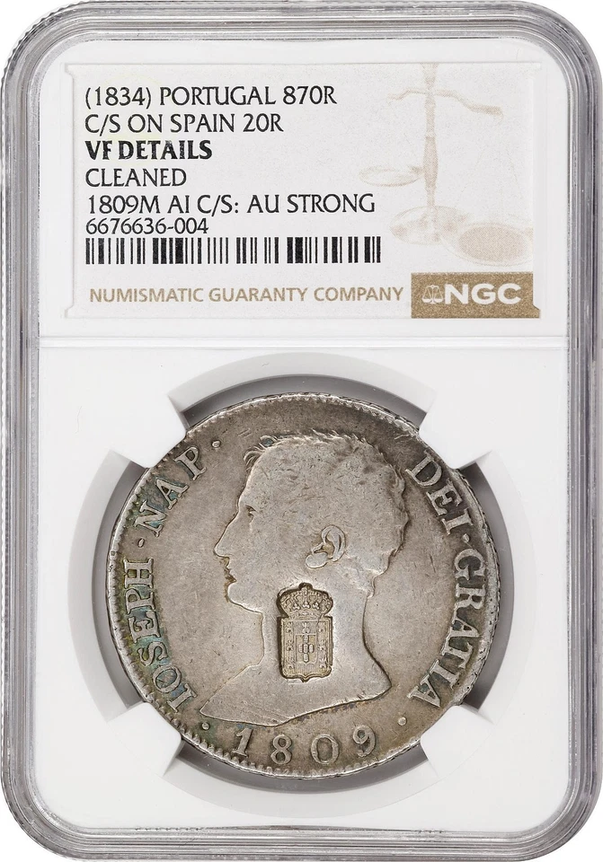 (1834) PORTUGAL MARIA II 870 REIS COUNTERMARK 1809 SPAIN 20 REALES NGC VF DETAIL - Image 3 of 4