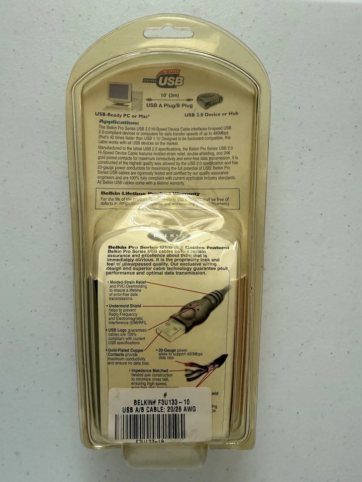 Belkin USB 2.0 F3U133-10 USB2 Hi-Speed Cable 10ft (3 meters) USB A/B Plug PC/Mac - Image 2 of 2
