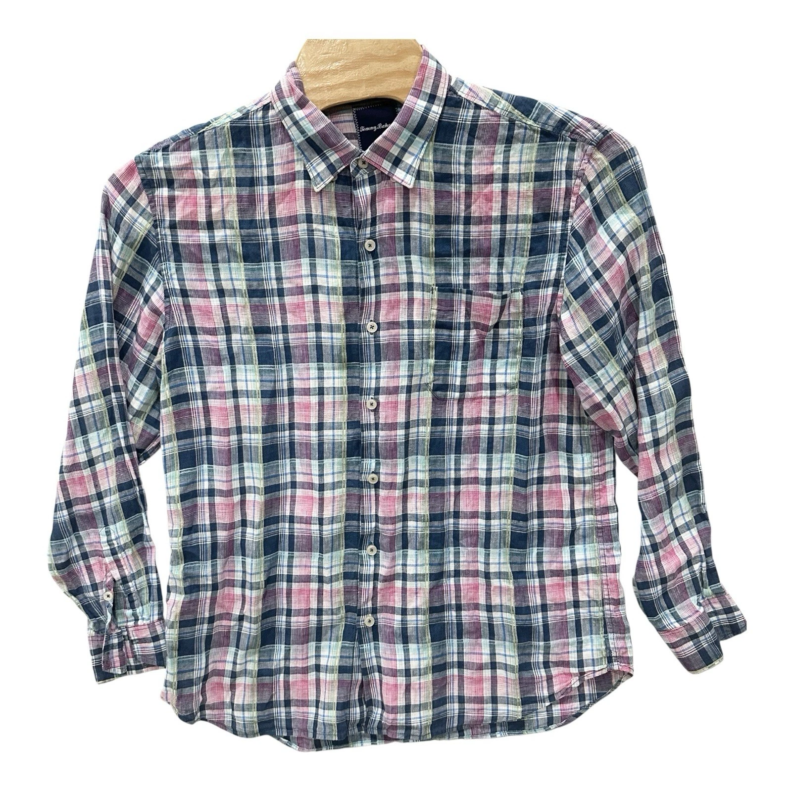 Tommy Bahama Linen Shirt Mens XL Pink Blue Long Sleeve Plaid Pattern Beach