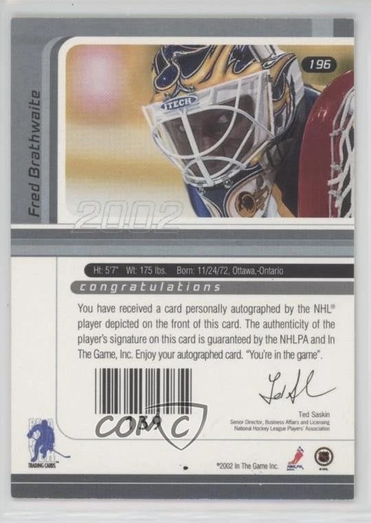 2002 ITG Be A Player Signature Series 2001-02 Buybacks Fred Brathwaite #196 Auto - Image 2 of 2