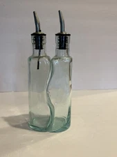 Vintage Oil & Vinegar Cruet Set. Wavy Green Tint Glass. Italy. VE. A1 & A2.