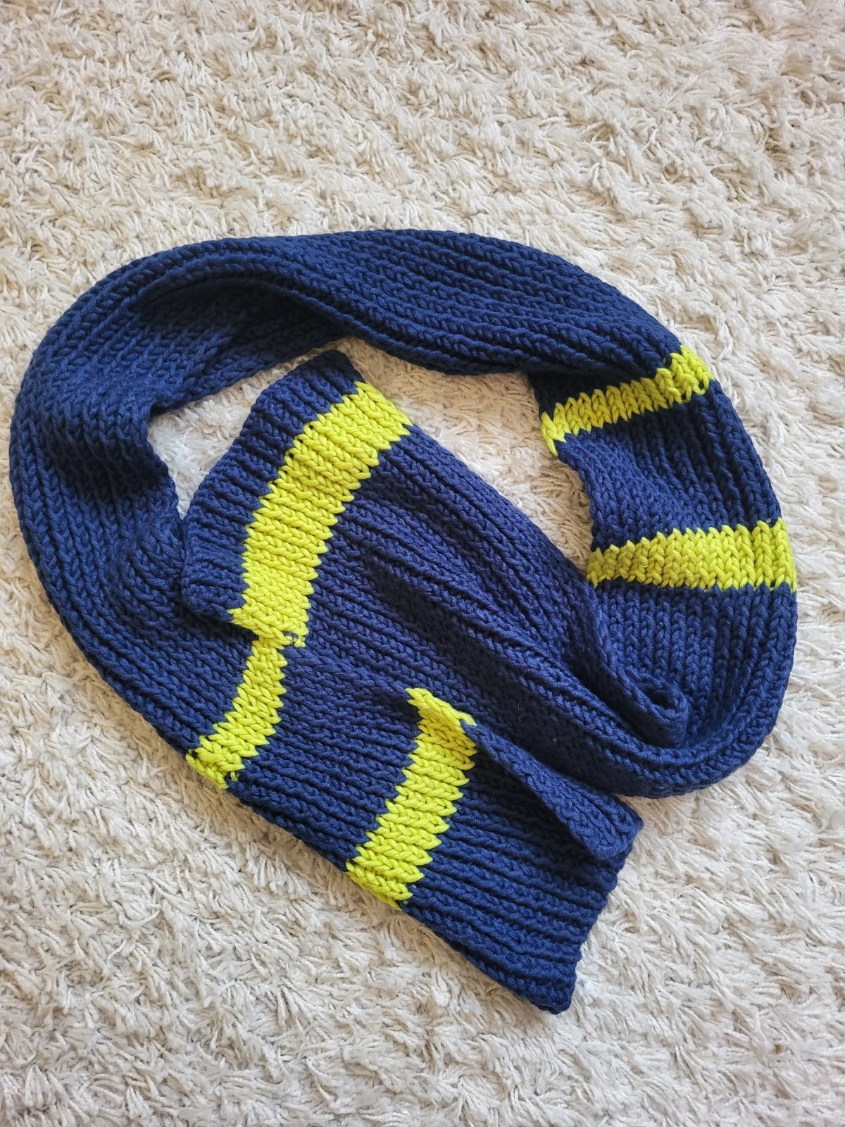 Chunky navy blue striped knit scarf – long vintage hand knitted winter scarf