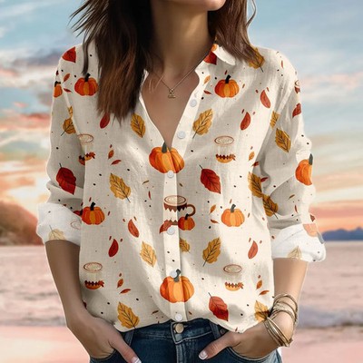 Pumpkin Spice Fall Leaves Coffee Print Linen Style Shirt Women Cozy Gift