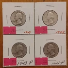US 90% Silver Washington Quarters 1941, 1942,  1943, 1944,  Lot of 4 Coins