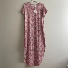 NWT Anrabess Size L Pink Floral Maxi Dress Short Sleeves Round Hem