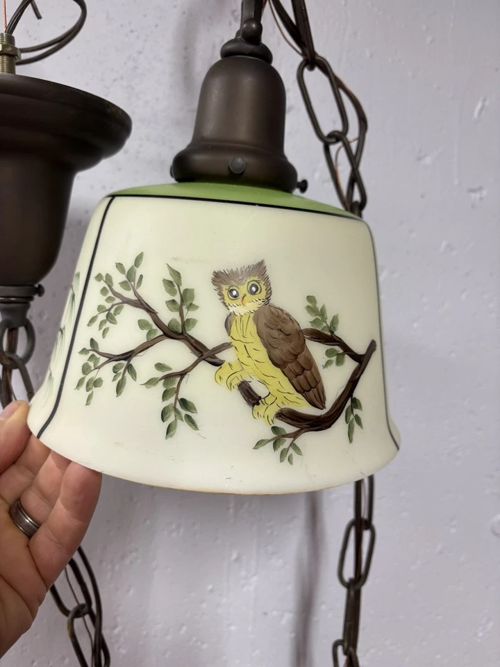 Cadena antigua, luz colgante colgada - con mano, obra de arte de búho pintada  Foto 4 de 4