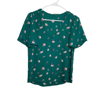 Lush Blouse Women's Small Green Floral V-Neck Short Sleeve Ruffle Lightweight