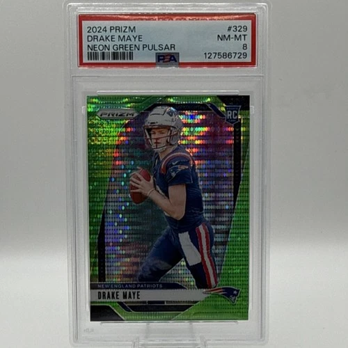 Panini 2024 Prizm Drake Maye #329 Neon Green Pulsar Rookie PSA 8 Patriots