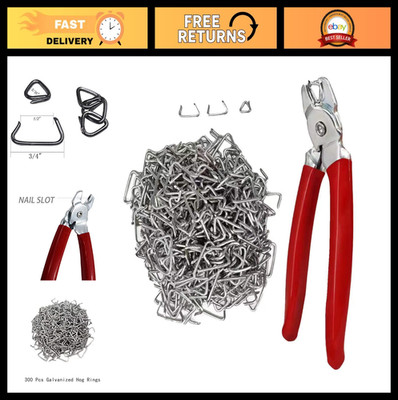 Angled Hog Ring Pliers Set with 300 Galvanized Rings - Upholstery & Fencing Tool