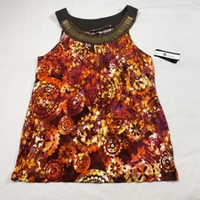 AB Studio Womens Top sz M Multicolor Floral Sleeveless Beaded Neck Stretch NEW