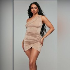 Taupe Acetate Slinky One Shoulder Ruched Bodycon Dress Size 10 NWT