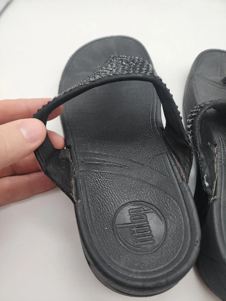 Fitflop Fit Flops Rokkit Leather Black Bling Toe-Post Sandals Slip On Women’s 6 - Image 2 of 4