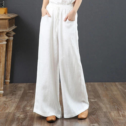 Summer Womens Cotton Linen Baggy Long Trousers Elastic High Waist Wide Leg Pants - Picture 15 of 31