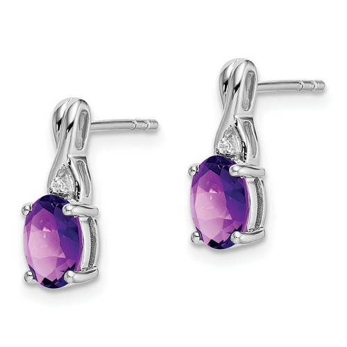 14K Solid White Gold Oval Amethyst Diamond Dangle Earrings - Picture 3 of 5