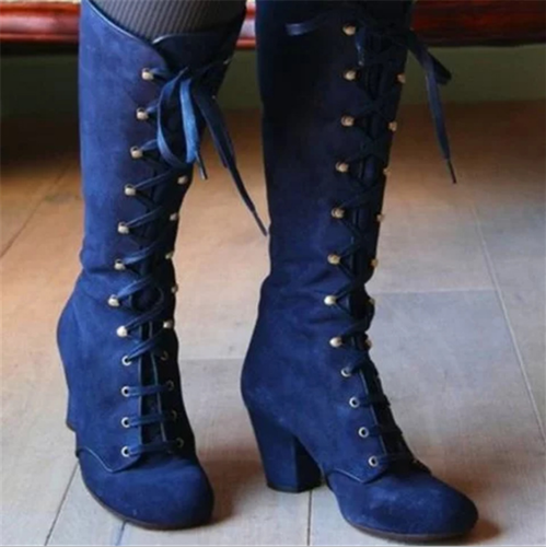 Retro Block Heels Womens Knee High Boots Steampunk Gothic Shoes Lace Up Booties - Picture 9 of 16