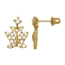 14K Yellow Gold Zircon Butterfly Dangle Stud Screwback Earrings