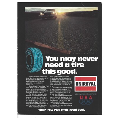 Uniroyal Tiger Paw Plus Tire Print Ad Vintage 1984 80s 8.25x11  Retro Auto