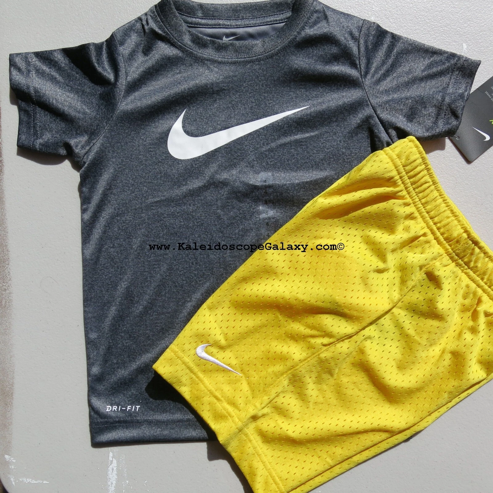 Nike Boys Size 4 Summer Shorts & T-Shirt Mesh Yellow Gray Dri-fit Top