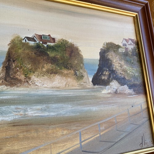Quadro ad olio originale Newquay scogliera della Cornovaglia paesaggio vintage antico D Birge - Foto 5 di 13