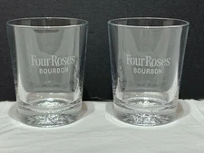 2 Four Roses Bourbon Whiskey Glasses with Embossed Rose on Bottom - 3 1/2" Tall