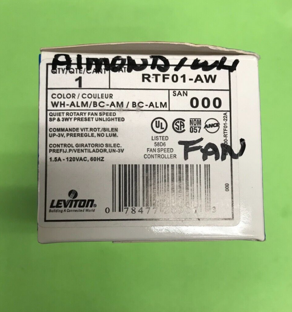 Leviton RTF01-AW ALMOND WHITE 4-SPEED FAN CONTROL SINGLE POLE & 3-WAY ...