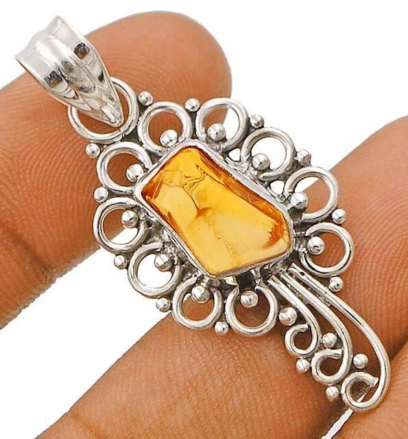 Natural Rough Citrine 925 Sterling Silver Filigree Pendant Necklace