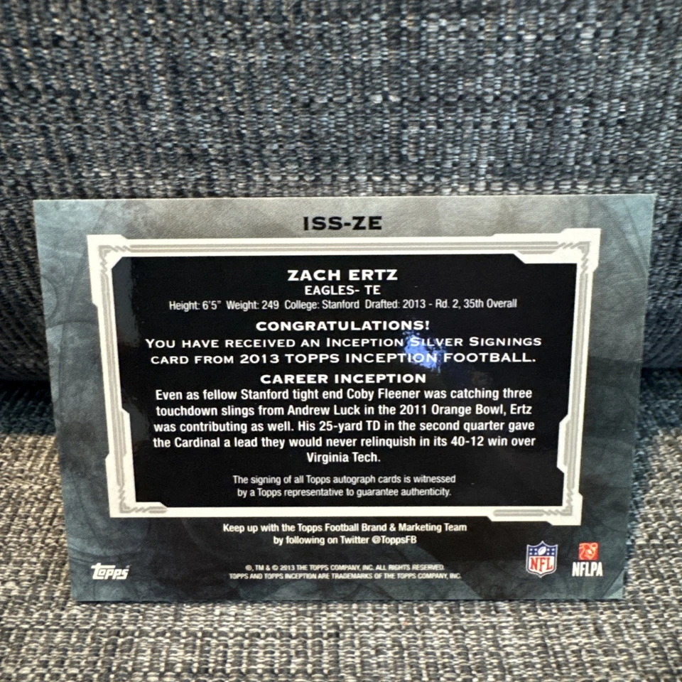 Tarjeta de novato Eagles 2013 Topps Inception Zach Ertz tinta plateada automática/50 Foto 2 de 4
