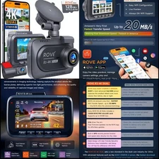 Dash Rove Cam ROVE R2-4K DUAL Car Camera wifi gps 2160p 128gb card Front Rear