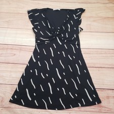LOFT Dress Womens MP Petites Black White Abstract Twist Front Flutter Sleeve