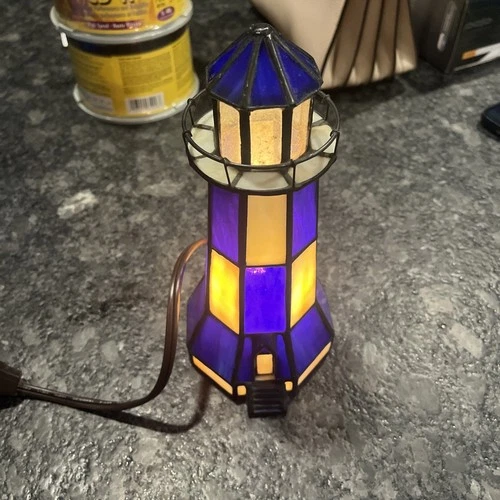 Vintage Nautical Tiffany Style Stained Glass Lighthouse Accent Table Lamp Blue
