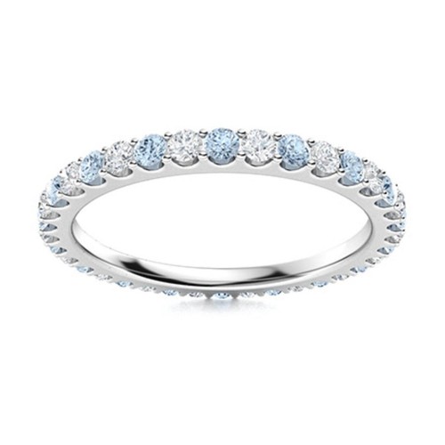 925 Sterling Silver 2MM Round Shape Aquamarine Full Eternity Band Ring For Women