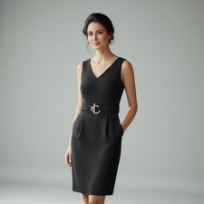 White House Black Market Dress Womens 4 Black Belted Sheath V Neck Pockets