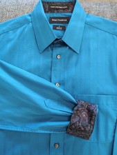 Paul Fredrick Dress Shirt Dark Teal Blue Classic Fit Paisley Cuffs 100 Cotton